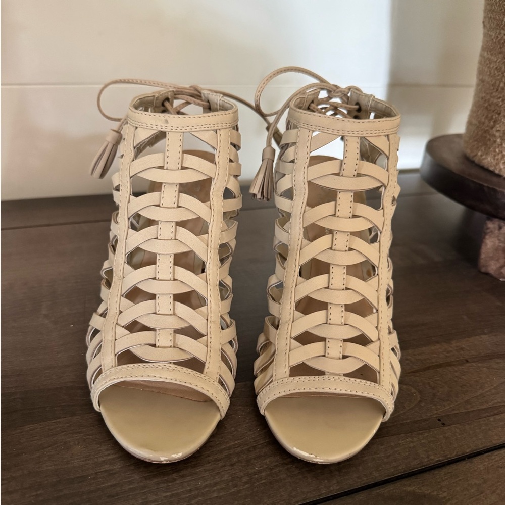 Sbicca Vintage Collection Beige Strappy Open-Toe Heels with tie back.
